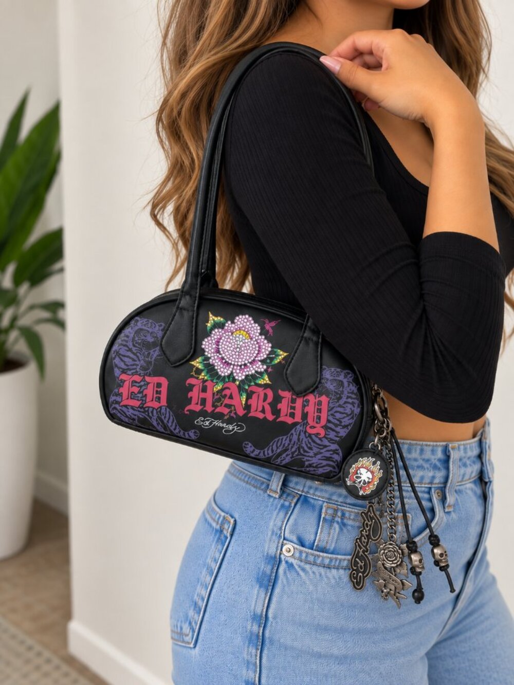 Ed Hardy Tiger Rose Tattoo Black Vegan Leather Barrel Bag NWT Charms Edgy